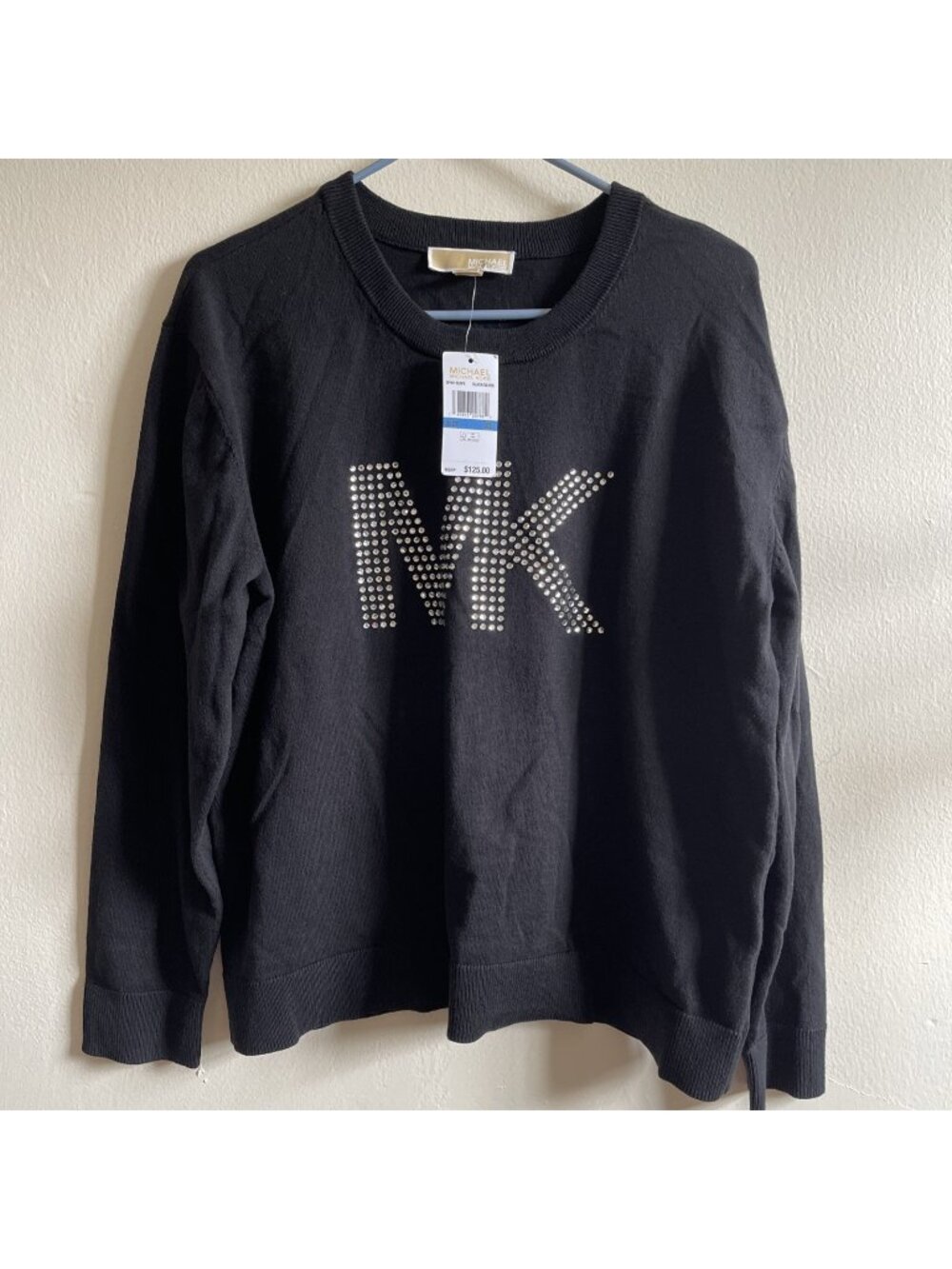 Michael Michael Kors Rhinestone MK Logo Crewneck Top In Black Silver  XL New